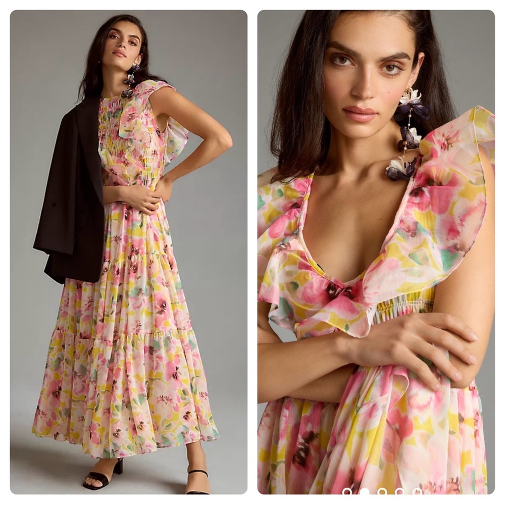 NWT MISA Reversible Ruffled Dress Trova Yellow Mix X-Small